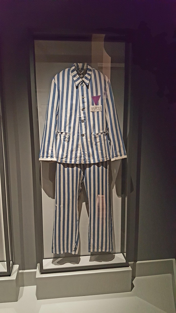 Uniforme padr&atilde;o de uso obrigat&oacute;rio pelos membros da organiza&ccedil;&atilde;o das Testemunhas de Jeov&aacute;. Elas tinha um s&iacute;mbolo de um tri&acirc;ngulo r&ocirc;xo, que as destacavam dos demais detentos.