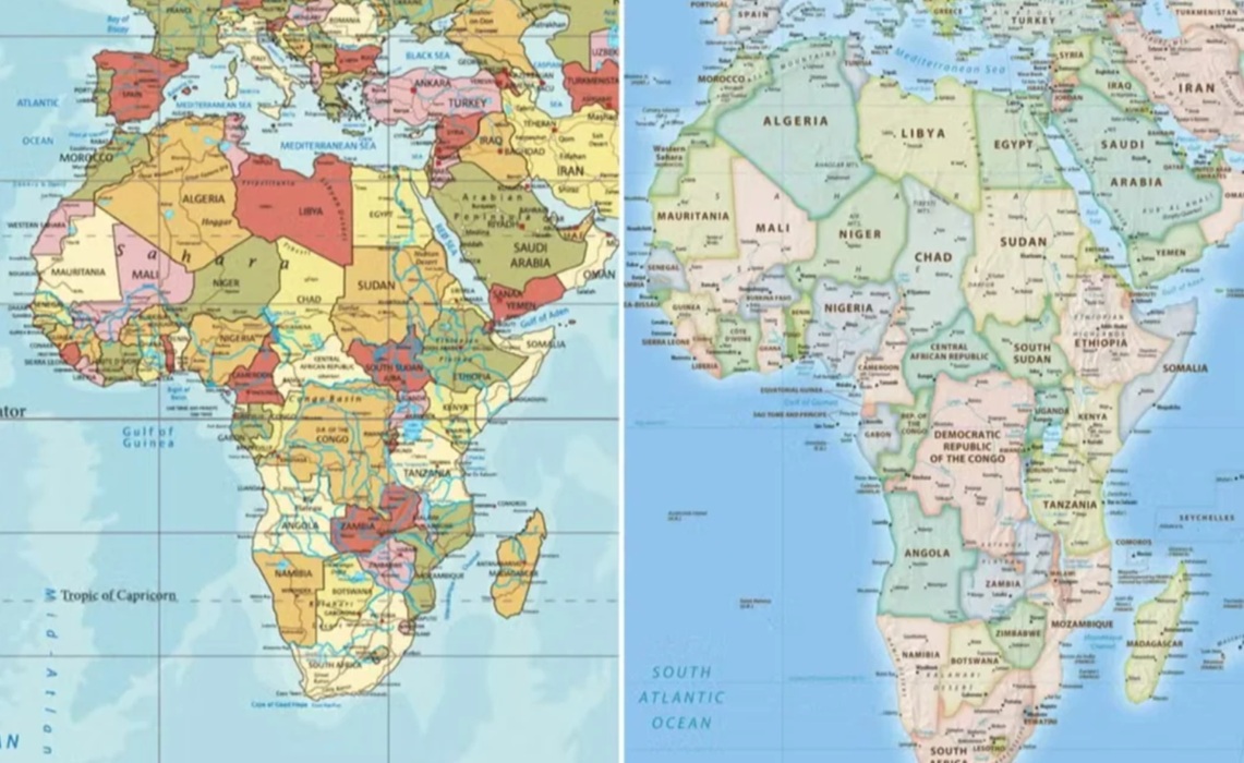 &Agrave; esquerda, a &Aacute;frica no mapa Mercator e &agrave; direita, o continente no novo mapa aprovado pela ONU/Imagem: Reprodu&ccedil;&atilde;o