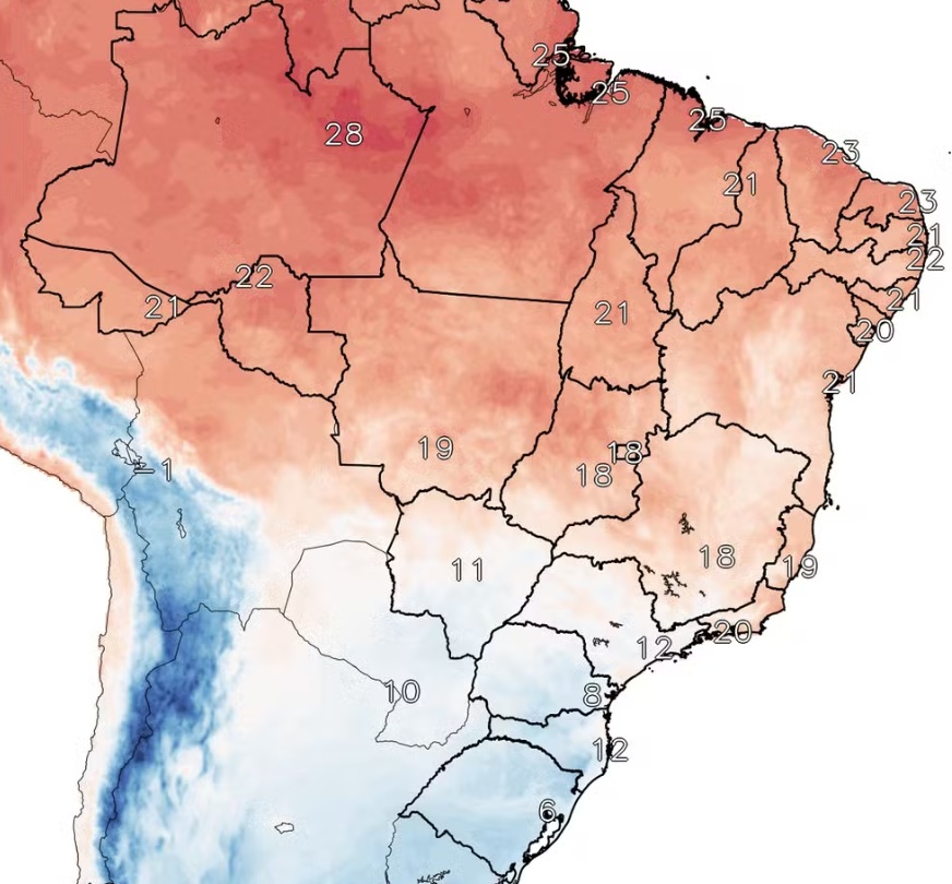 Temperaturas previstas pelo Brasil no dia 22/Imagem: divulga&ccedil;&atilde;o CTPE Impe