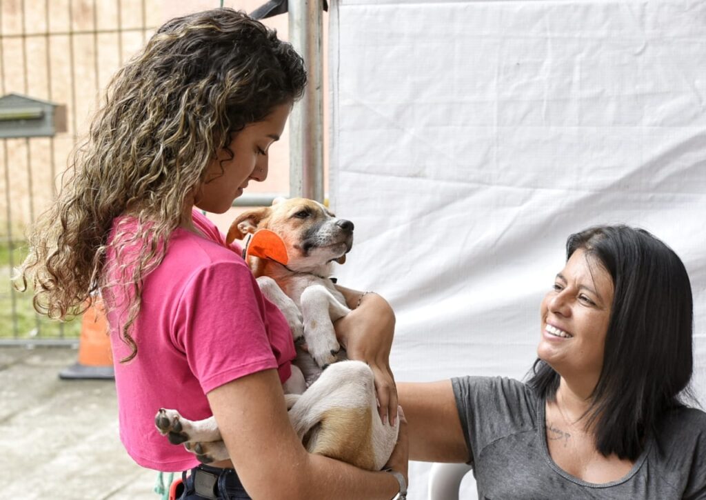 mulher adotando um cachorro